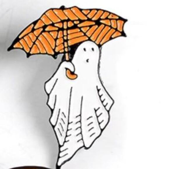 Ghost with Orange Halloween Umbrella Pin Brooch - Picture 1 of 1